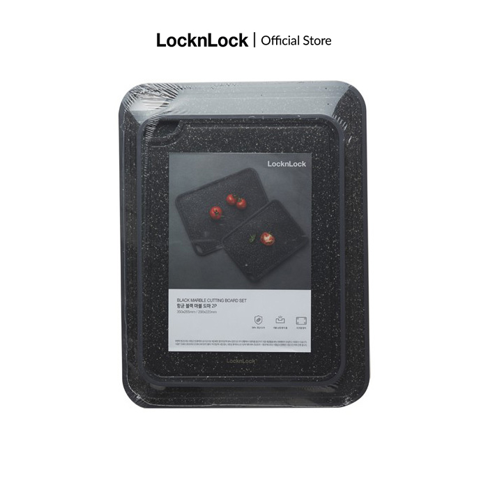 Bộ 2 thớt nhựa kháng khuẩn Edge Marble Antibacterial Lock&Lock màu đen CKD009S2 hình chữ nhật, lỗ treo tiện lợi