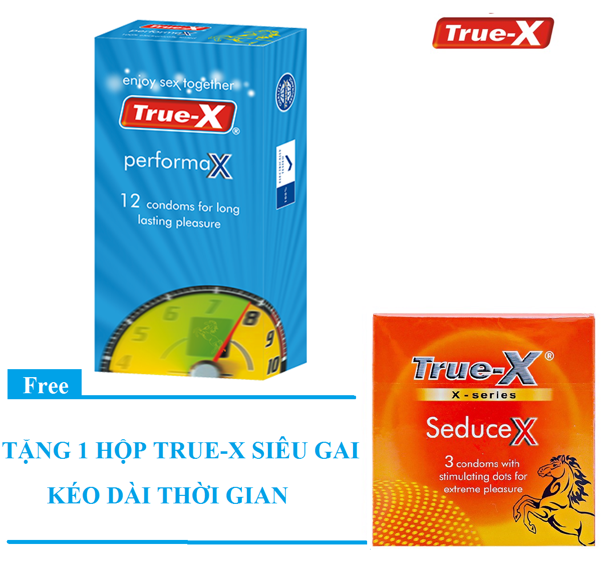 Bộ 1 hộp Bao Cao Su kéo dài thời gian cực tốt True - X tặng 1 hộp gân gai kéo dài thời gian True-X Seducex