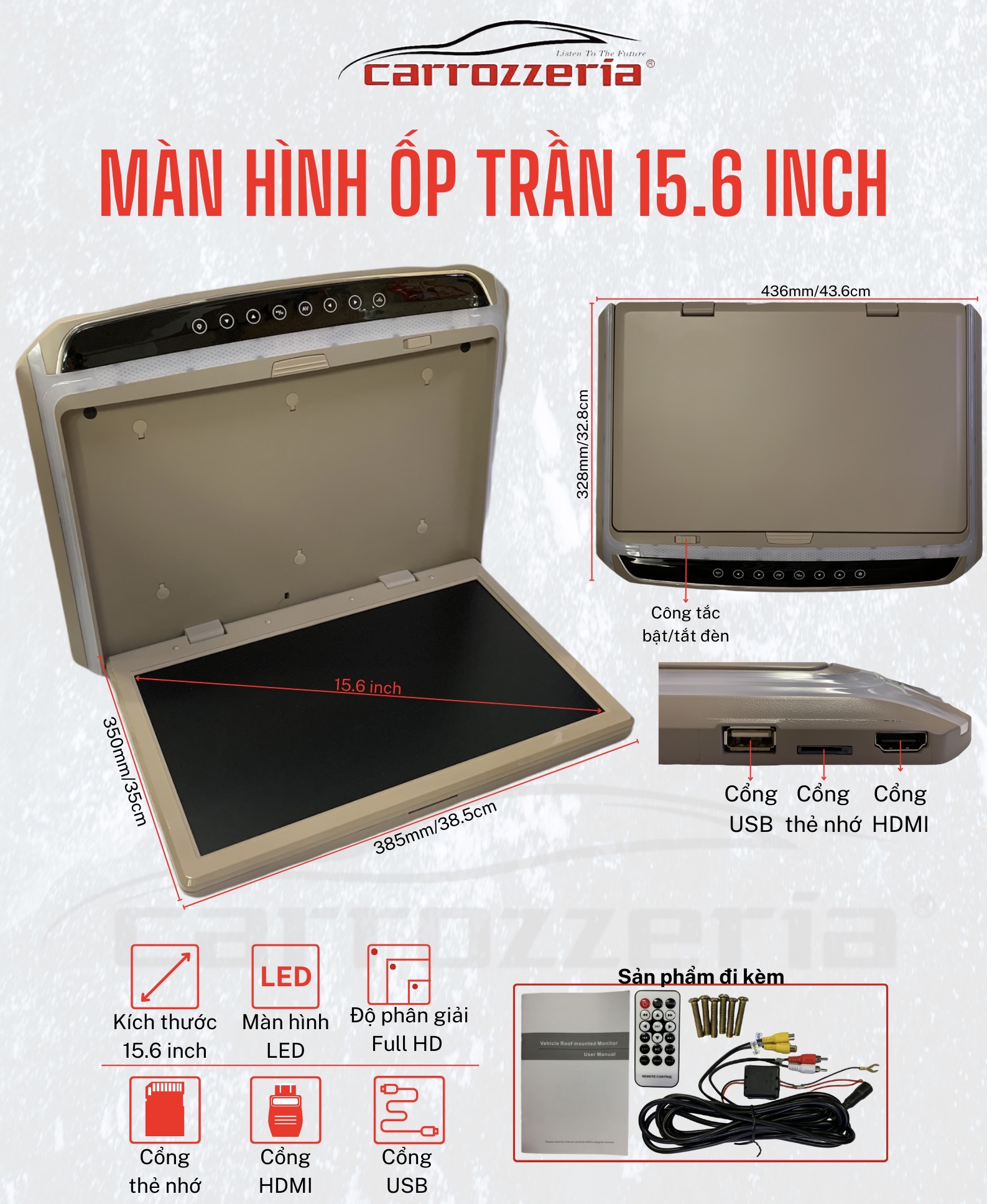 Màn hình ốp trần ô tô CARROZZERIA 17.3 inch 15.6 inch cổng USB HDMI