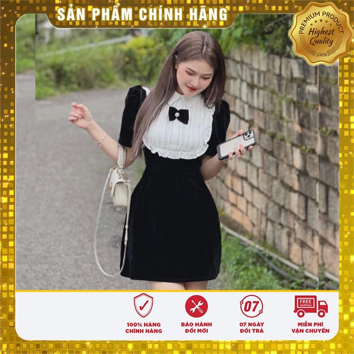 Đầm nhung đính nơ Xếp Ly Cao Cấp