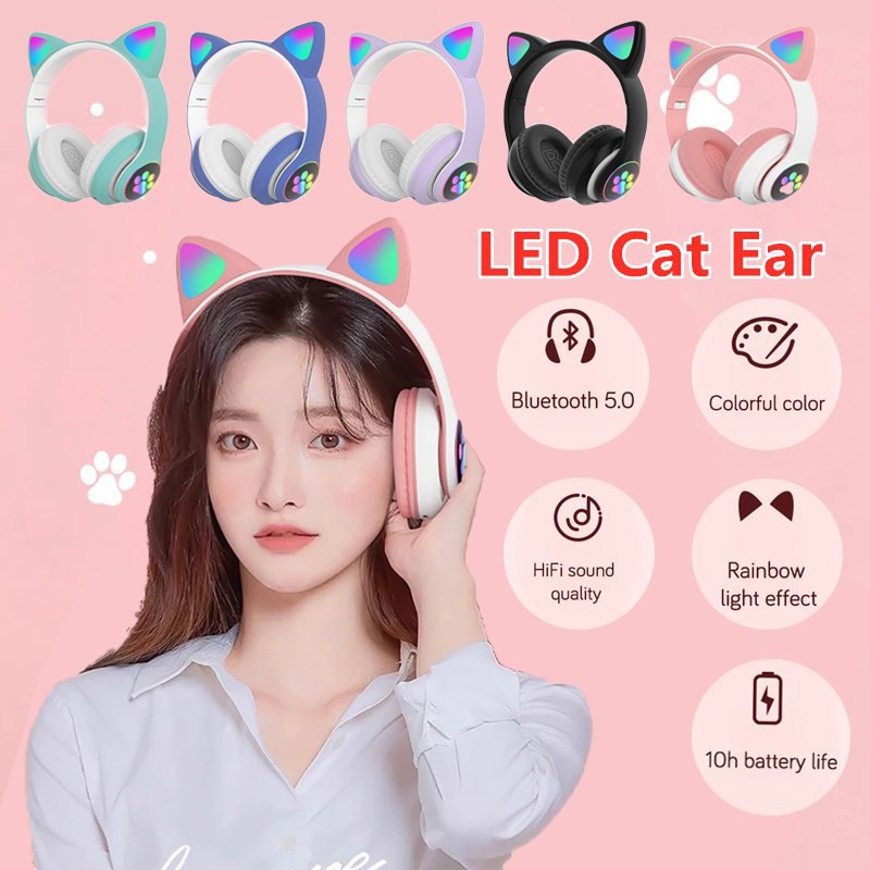 Tai Nghe Mèo Chụp Tai Bluetooth Dễ Thương Có Đèn LED Nhấp Nháy