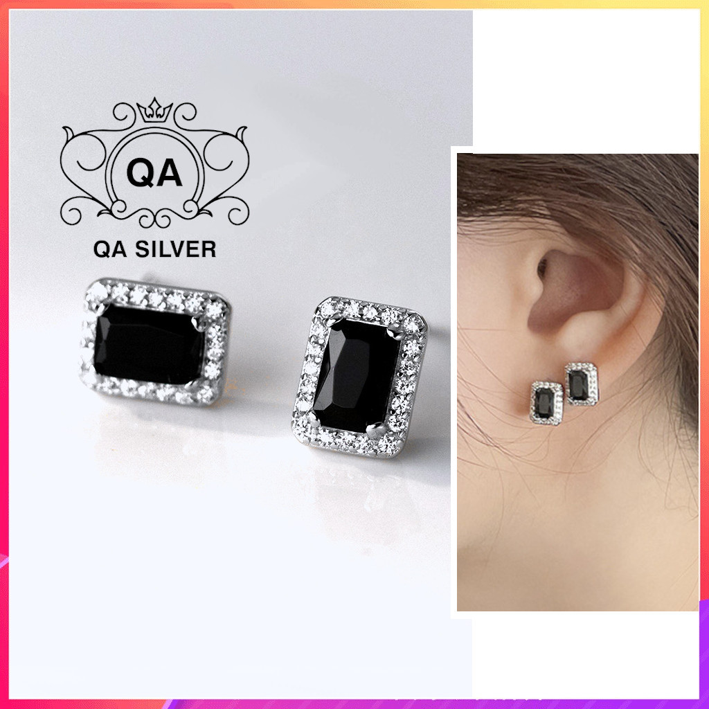 Khuyên tai bạc 925 chữ nhật đen đính đá bông nữ hình học vuông s925 onyx qa silver earrings ea230201