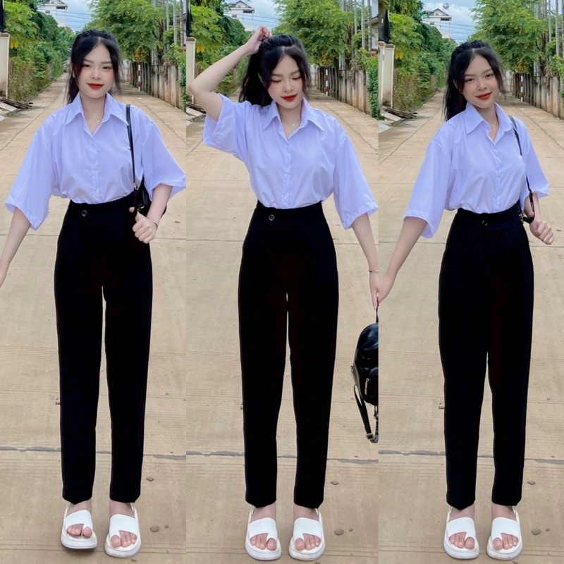 Quần tây nữ quai nhê lưng cao baggy vải tuyết mưa màu đen Zinistore size S M L