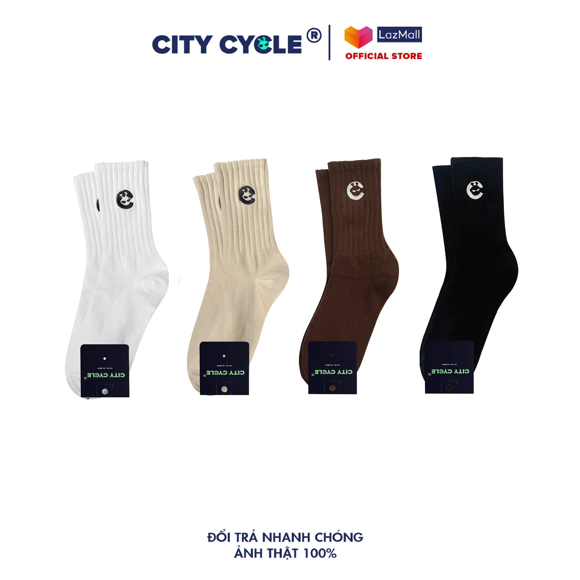 Tất trơn cổ cao thêu Logo City Cycle chất cotton cao cấp basic nam nữ