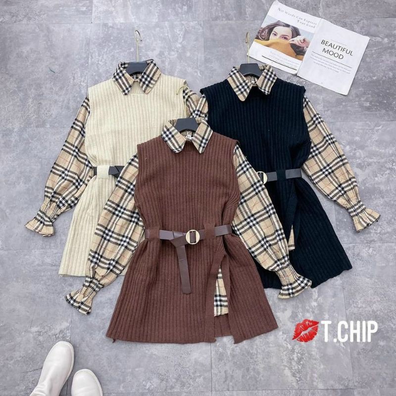 Set sơ mi kèm ghile thun gân tặng kèm dây da có bán lẻ