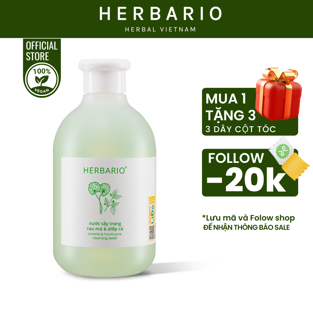 Tẩy trang rau má diếp cá Herbario 300ml giúp làm sạch lớp trang điểm và bụi bẩn, mang lại làn da sạch mịn mền mại
