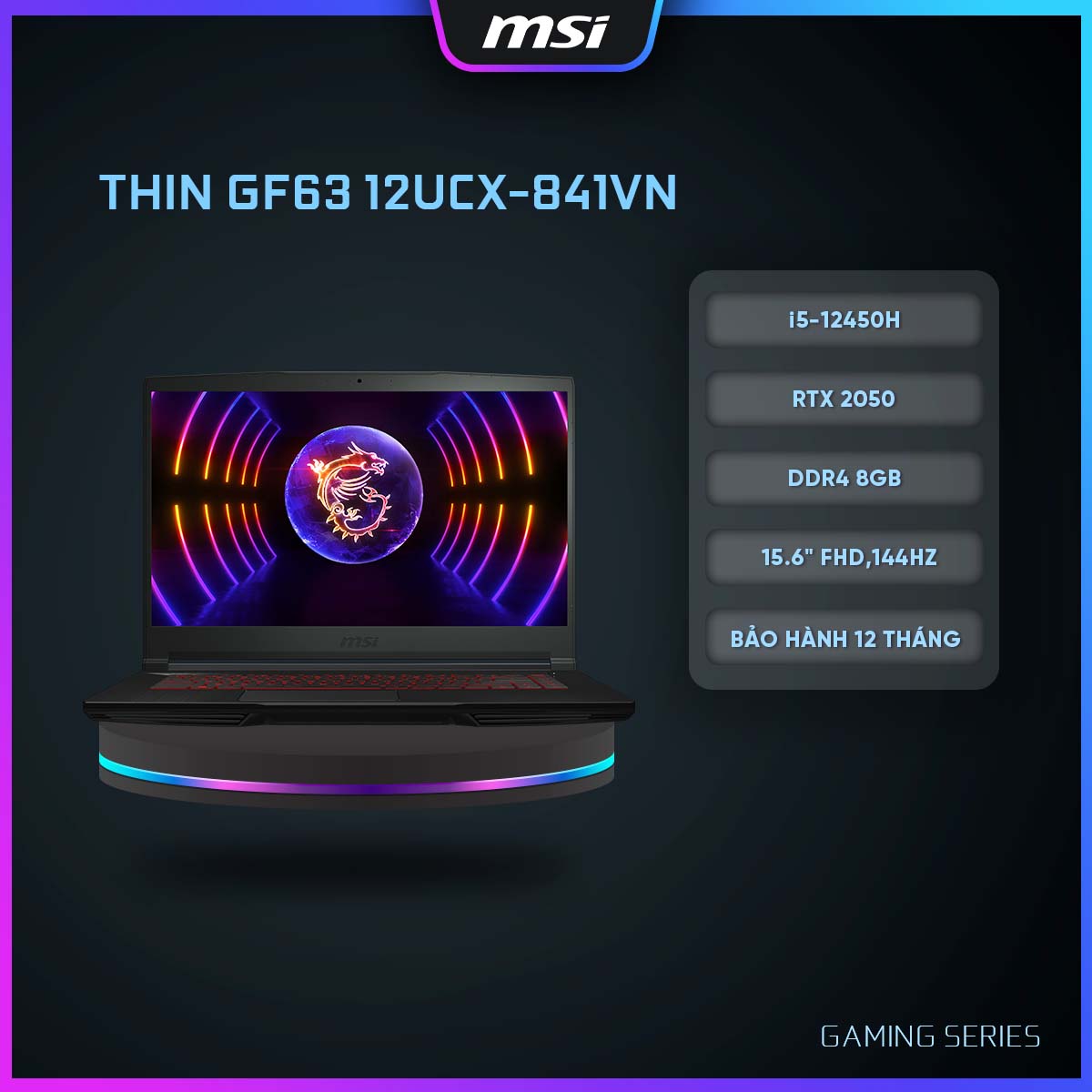 Msi laptop gaming thin gf63 12ucx-841vn|i5-12450h|rtx 2050|ddr4 8gb|512gb ssd|15.6" fhd, 144hz