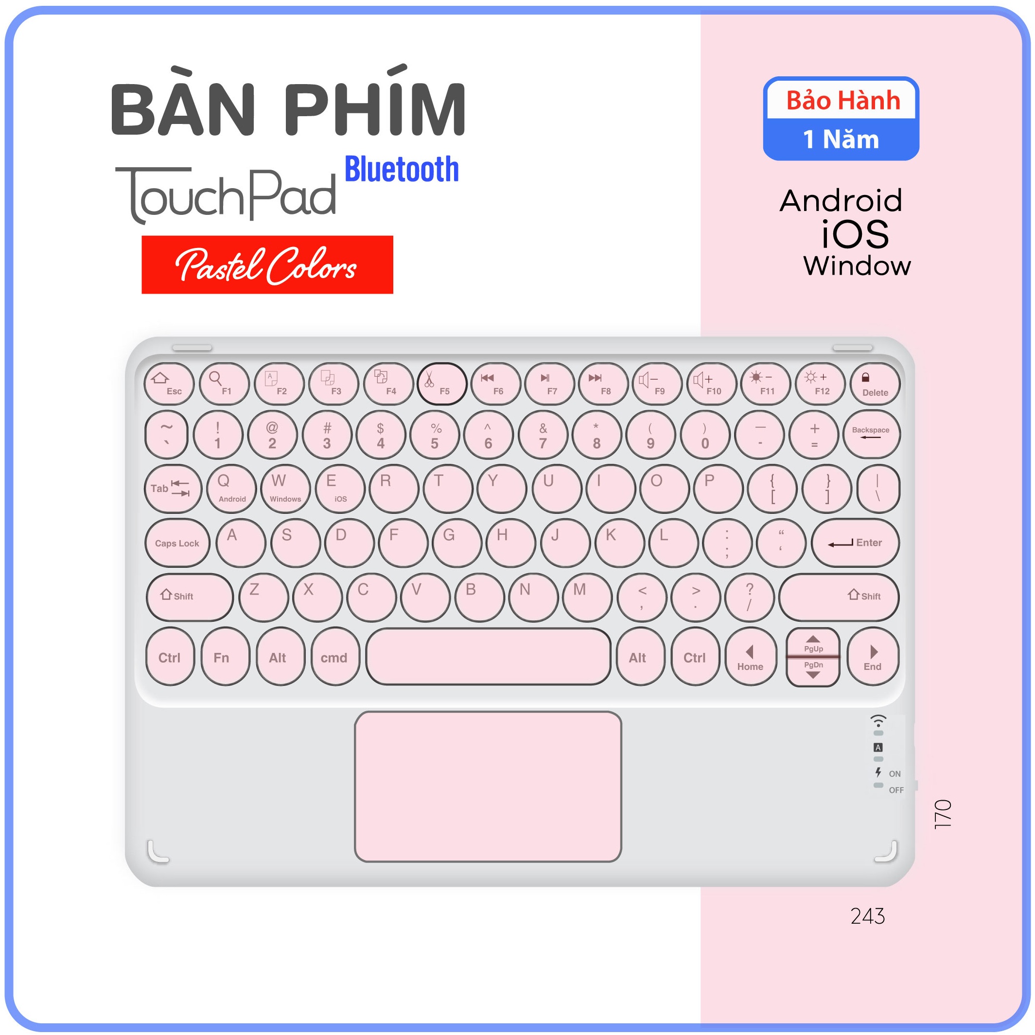 Bàn phím Bluetooth Touchpad 3 màu Pastel SIÊU MỎNG / Ultrathin dành cho Điện thoại Máy tính bảng iOS và Android
