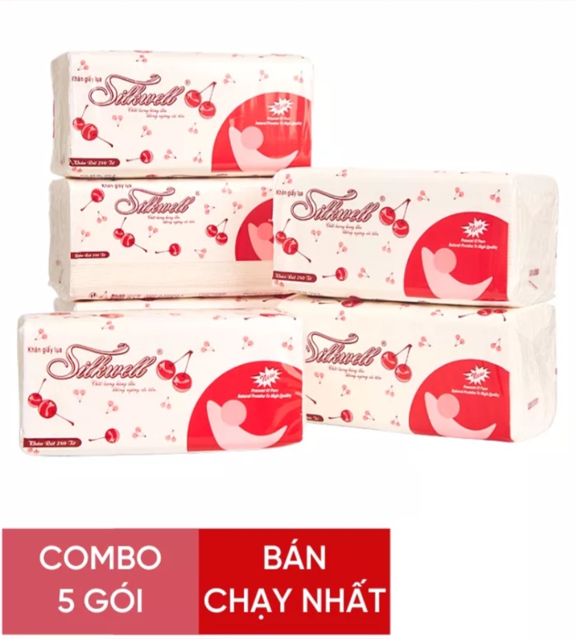 COMBO 5 gói Giấy ăn rút lụa Silkwell Cherry đỏ 280 tờ siêu mềm mại