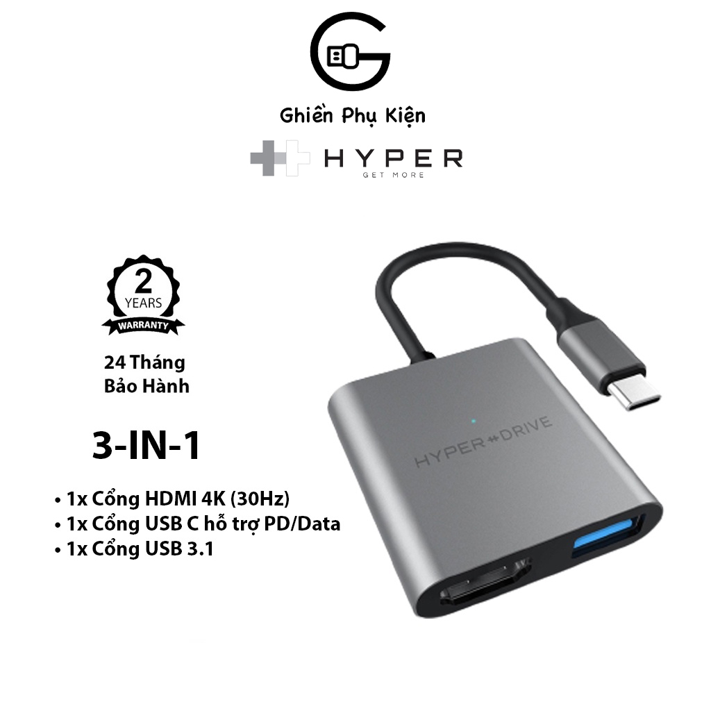 Cổng chuyển hyperdrive 4k hdmi 3-in-1 hd259a usb-c hub dành cho macbook/ipad/surface