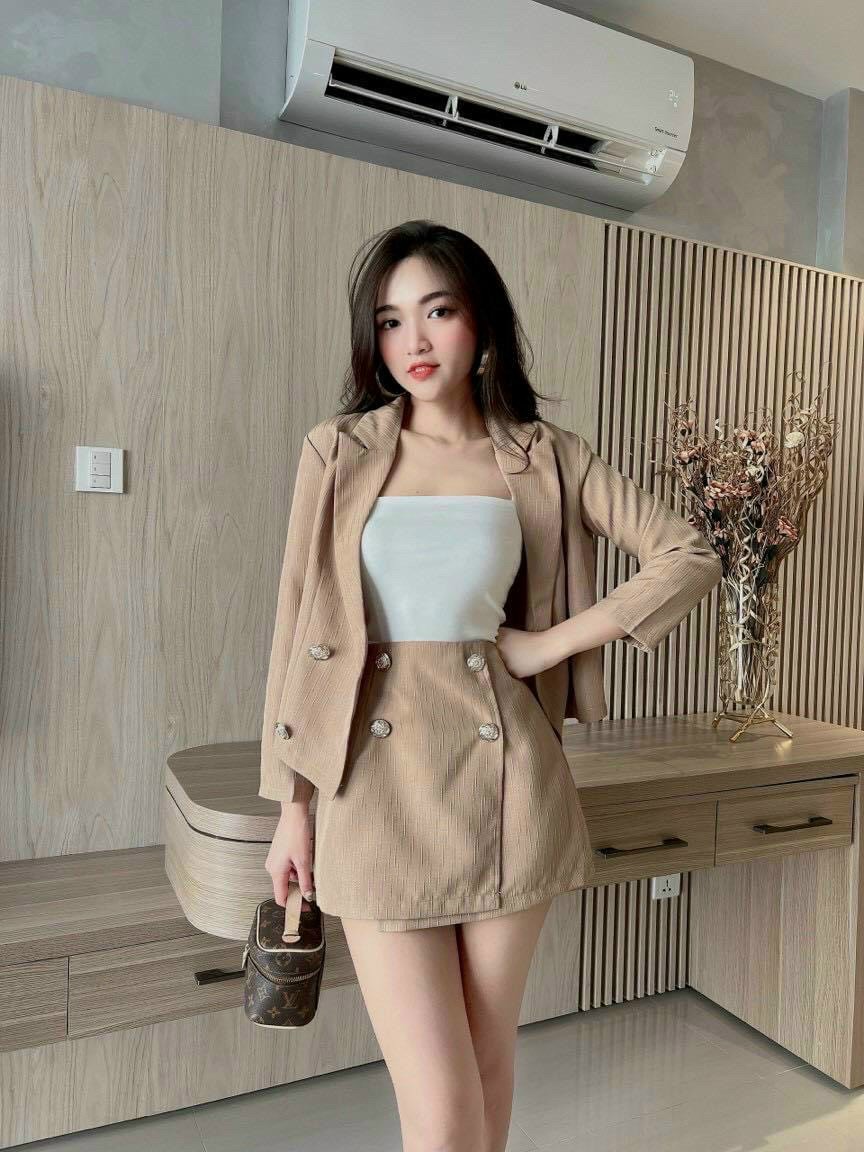 Set tuyết mưa sang chảnh 3 món áo lót bên trong kèm khoác tay dài kiểu vest mix chân váy chữ a đắp chéo, set bộ vest nữ công sở quý phái, set đồ nữ đi chơi cá tính năng động dx