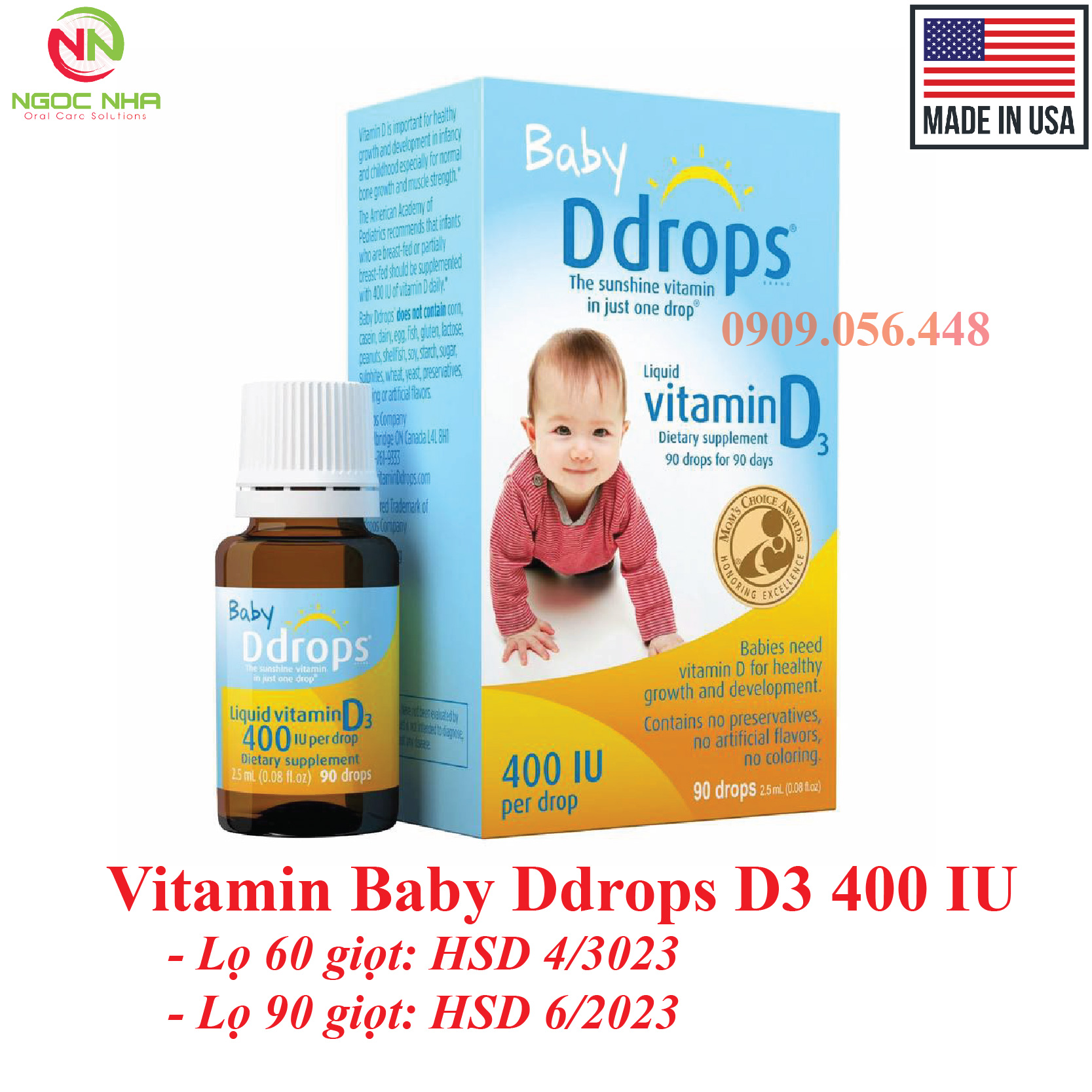 Vitamin d3 baby ddrops d3 400 iu cho trẻ sơ sinh 1.7ml 60 và 90 giọt của mỹ/baby ddrops vitamin d3 60 & 90 drops