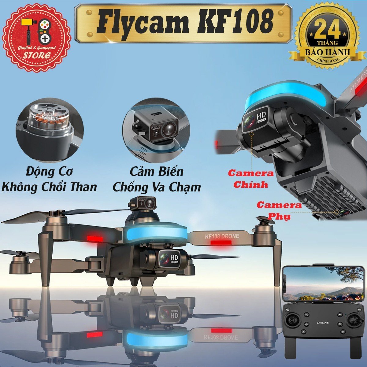 Flycam mini KF108 Pro động cơ không chổi than - 2 camera quay phim chụp ảnh 4k ful HD, Plycam điều khiển từ xa có cảm biến va chạm, Pin Siêu Trâu