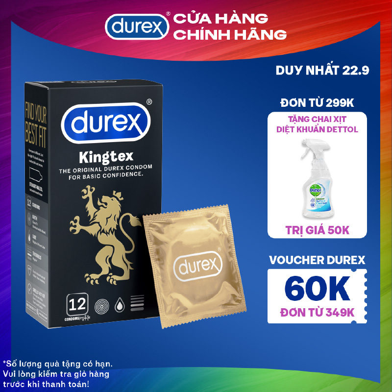 Bao cao su Durex Kingtex ôm sát bôi trơn size 49mm hộp 12 bao