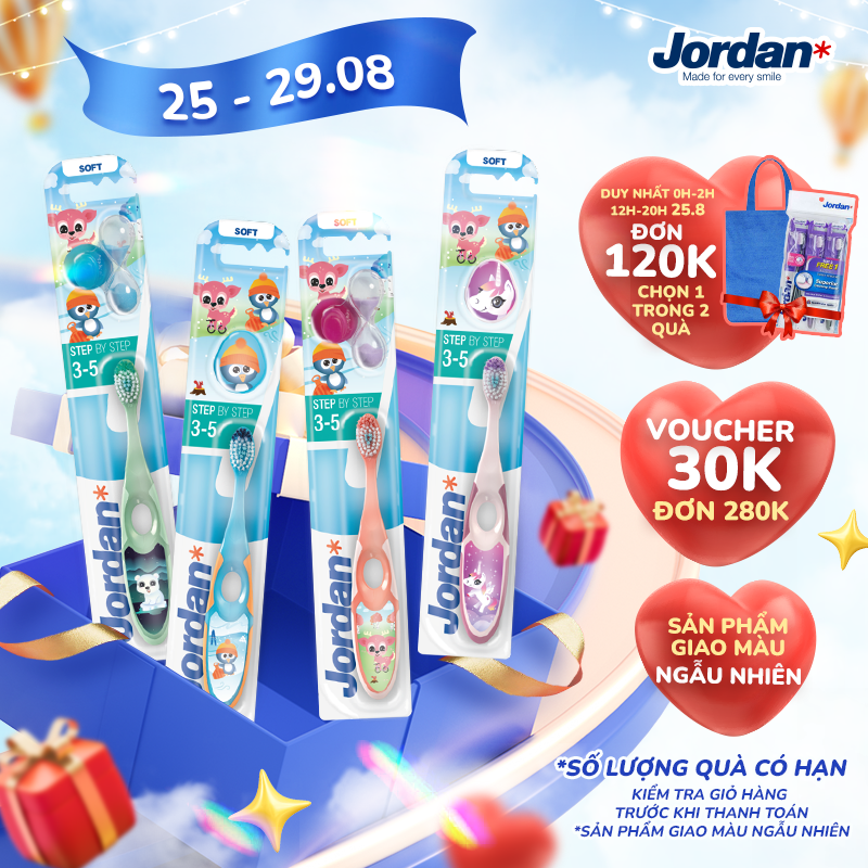Combo 4 Bàn chải đánh răng cho trẻ em Jordan Step 2 , Lông mềm