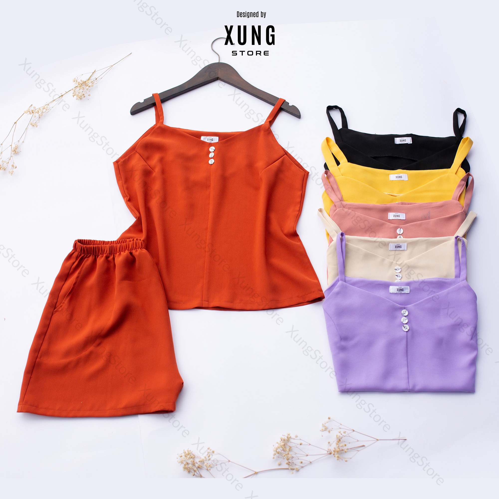 Đồ bộ nữ 2 dây mặc nhà, Pijama quần đùi chất đũi trơn dễ thương – Hàng thiết kế - XUNGSTORE