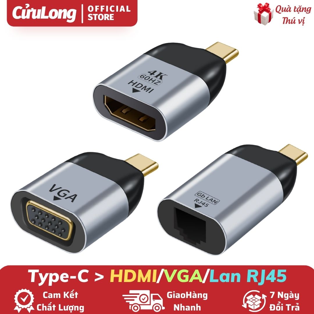 Đầu chuyển đổi Type C sang HDMI 4K 60Hz VGA RJ45 cáp nạng internet cho máy chiếu điện thoại máy tính Laptop CuuLongstore