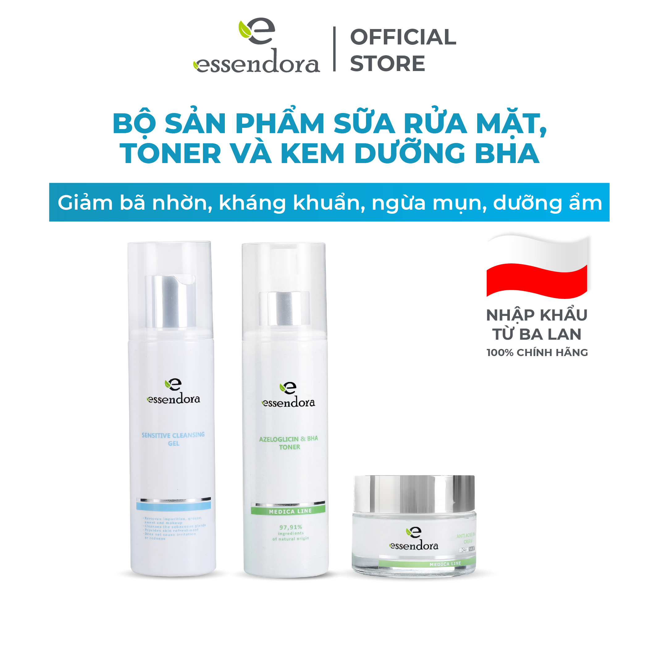 Bộ sản phẩm sữa rửa mặt cùng toner và kem BHA giúp kháng khuẩn, giảm dầu,thu hẹp lỗ chân lông Essendora