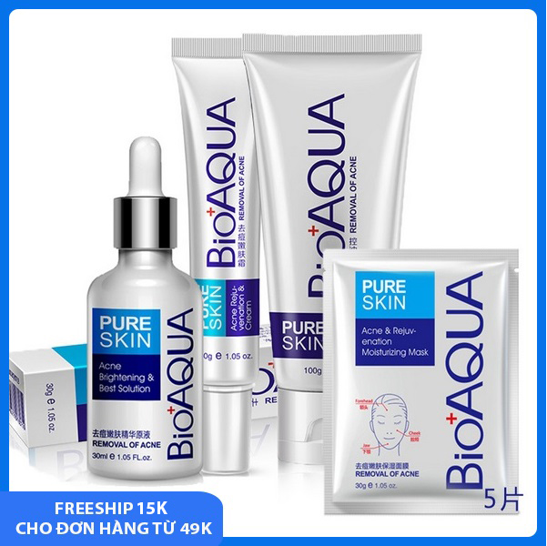 JULY20-bộ mỹ phẩm chăm sóc da mặt giảm mụn Bioaqua 4 món: Mặt nạ+Sữa rửa mặt kiểm soát dầu, làm sạch mụn 100g+Kem dưỡng da ngăn ngừa mụn 30g+Serum 30ml làm sạch sâu, giảm mụn mờ thâm dưỡng trắng da, combo skincare JU-SPU158