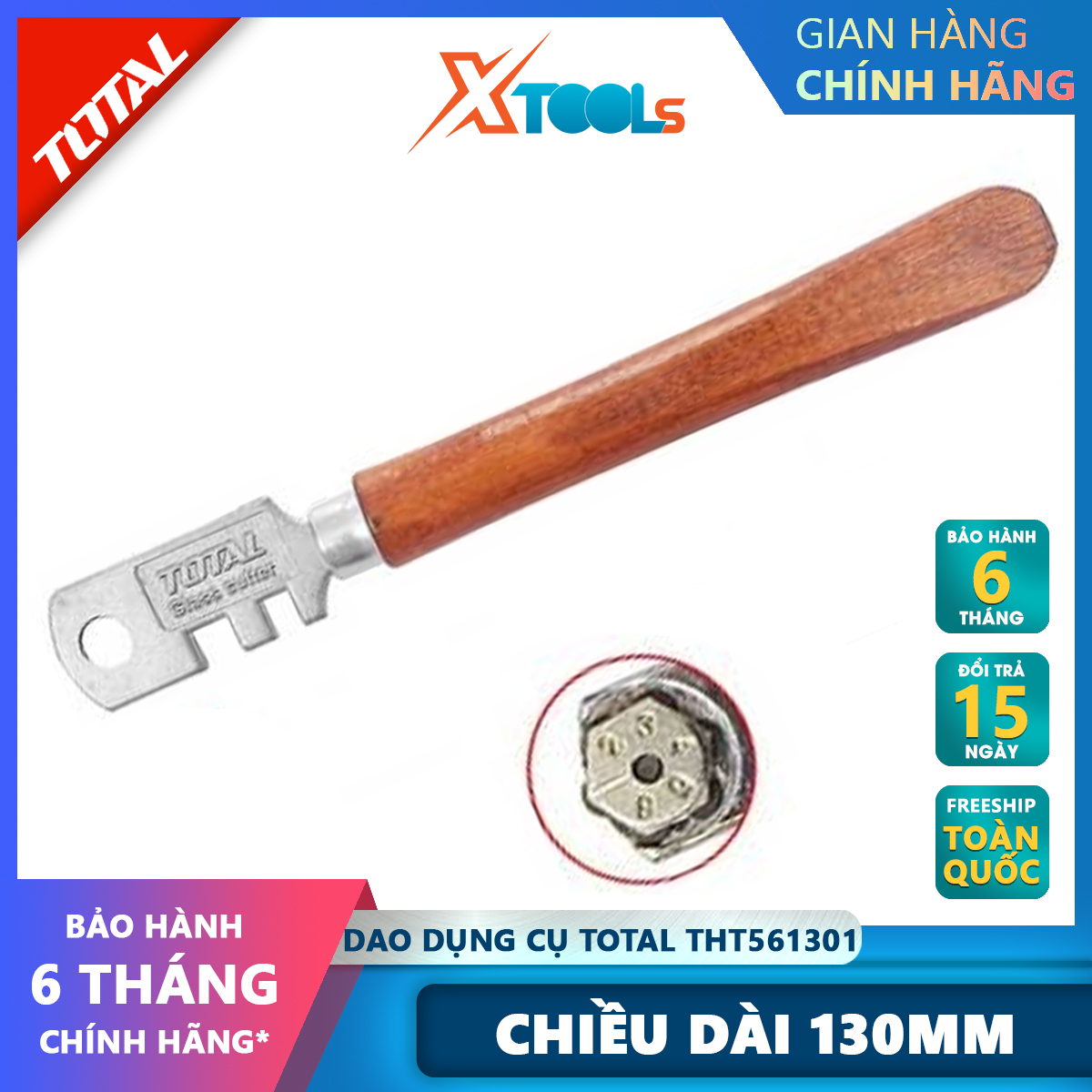 Dao bẻ kiếng total tht561301 dụng cụ bẻ kính tay cầm bằng gỗ, lưỡi cắt kính có 6 bánh cắt, chiều dài: 130mm, tổng chiều dài cắt 18000m