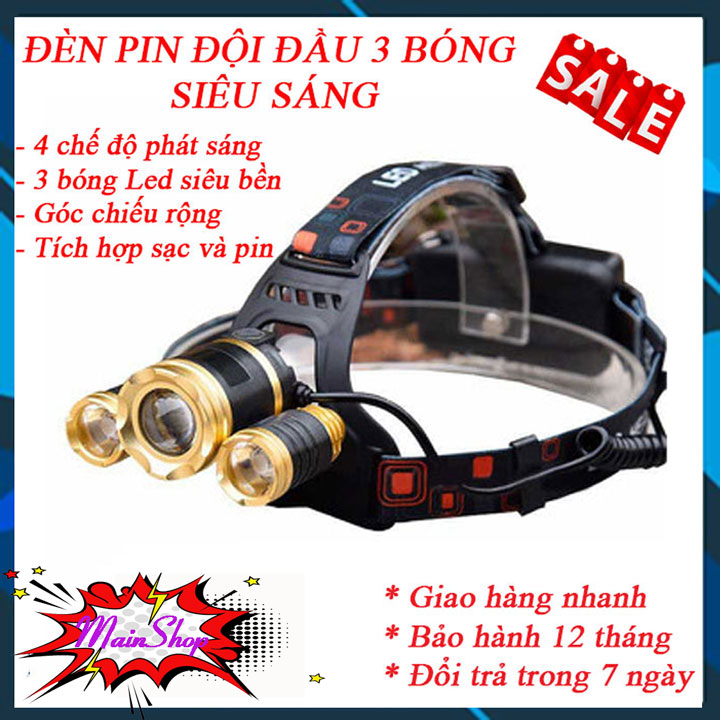 [HCM][Free Ship] Đèn Pin Đội Đầu 3 Bóng Siêu Sáng-Bán Đèn Pin Led Đội Đầu Chiếu Xa 500m Tặng Kèm Pin Sạc Thích Hợp Cho Những Người Đi ĐêmSoi ếp.Bảo Hành 1 Đổi 1 12 Tháng