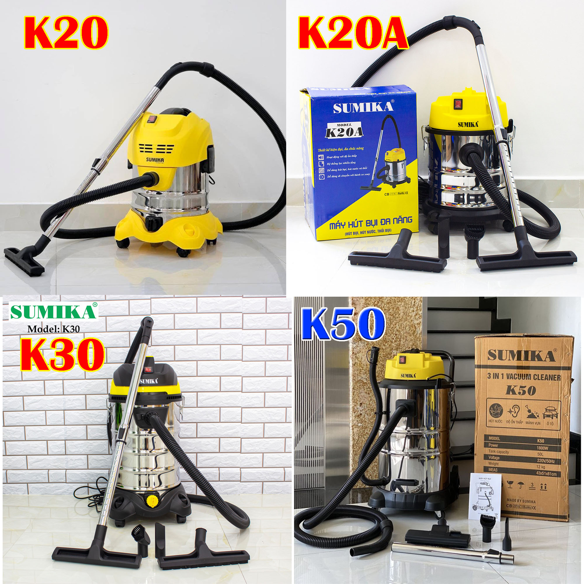 Máy hút bụi công nghiệp SUMIKA K20, K20A, K30, K50 - 3 chức năng: hút bụi, hút nước, thổi