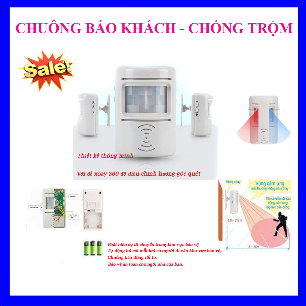 Chuông báo khách , chuông chống trộm, chuông báo động 02 chiều cảm ứng hồng ngoại .chuông báo khách cảm ứng hồng ngoại không dây, cảm biến chống trộm, ban ngày báo khách đến - ban đêm chống trộm hiệu quả, bh 1 đổi 1.