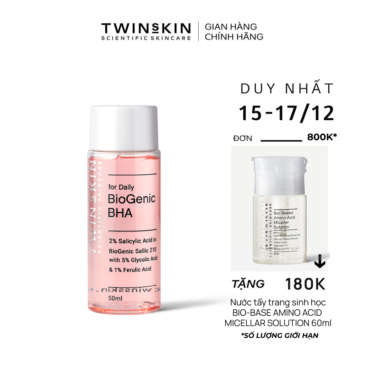  BIOGENIC BHA FOR DAILY - Toner thanh tẩy tế bào chết dưỡng sáng da cải thiện lão hoá Twins Skin 50ml 