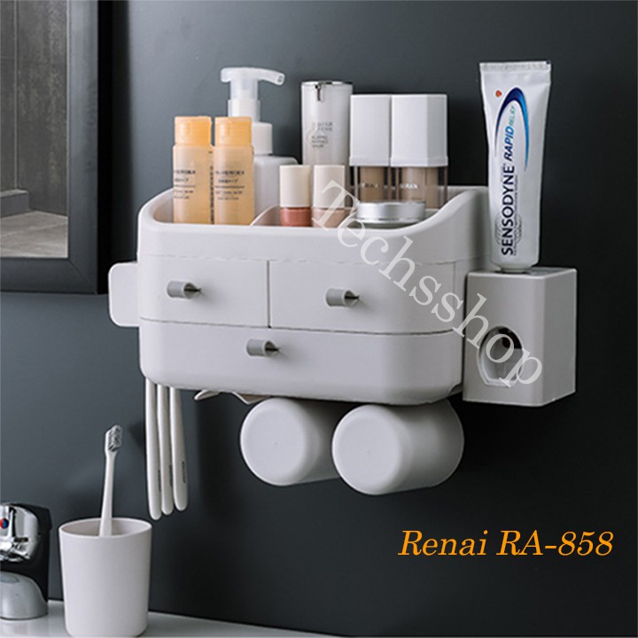 Kệ nhả kem đánh răng tự động kèm 3 cốc RA858 - kệ nhà tắm dán tường để dầu gội sữa tắm - bộ kệ 3 cốc để đồ dùng nhà tắm - kệ nhà vệ sinh treo bàn chải