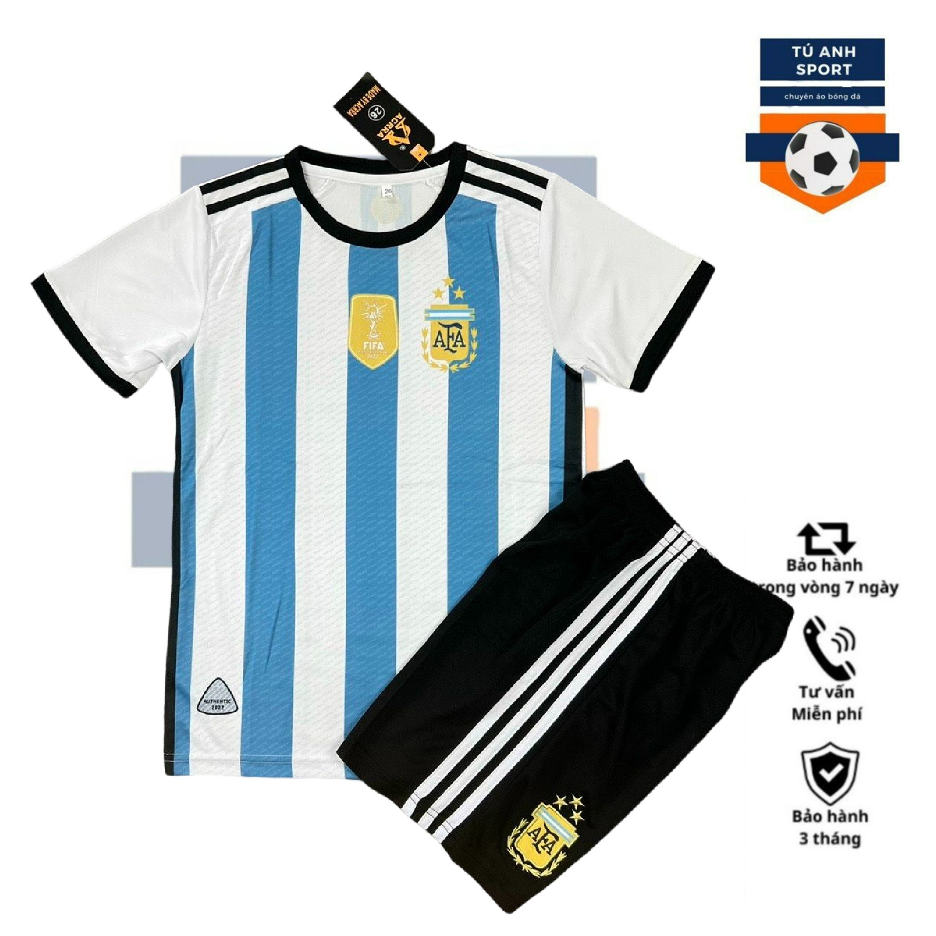 Bộ quần áo bóng đá trẻ em ĐT Argentina, Áo đá banh Argentina trắng sọc xanh vải mè thái