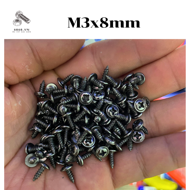 [Túi 200 Con] Ốc Vít M3 dài 8mm Đầu Long Đền Liền Màu đen bóng Chống Rỉ Tốt – Vít Nhọn Tự Bắt Linh Kiện Điện Tử