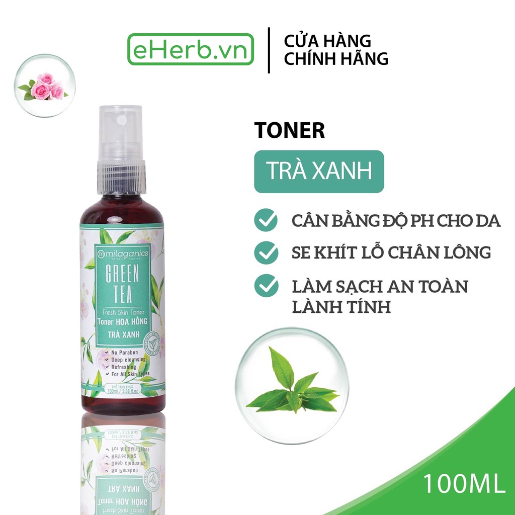 Toner Trà Xanh Cân Bằng Độ PH Se Khít Lỗ Chân Lông & Phục Hồi Cho Da Mụn Từ Chiết Xuất Trà Xanh MILAGANICS 100ml (Chai)