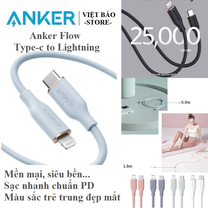 Cáp sạc nhanh Anker PowerLine III Flow USB C - Light.ning siêu mềm A8662 dài 0.9m