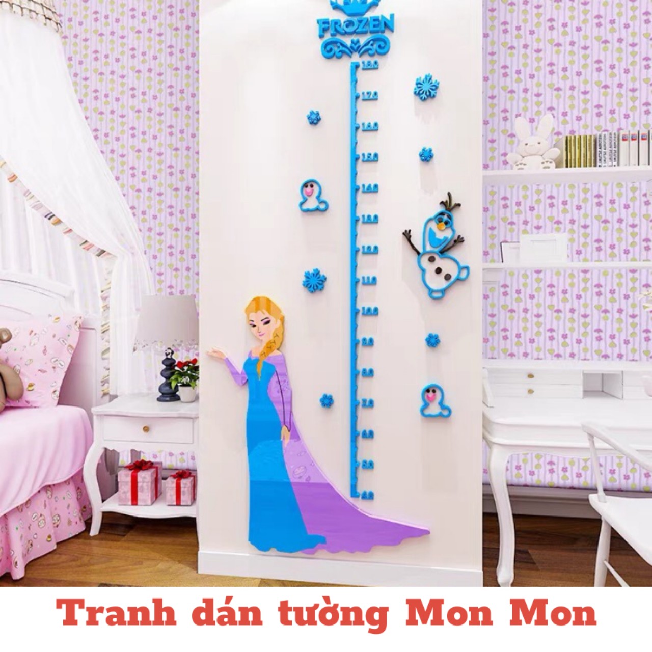 Tranh dán tường Mon Mon - Decal đo chiều cao hình Elsa chất liệu mica cao cấp dán nổi