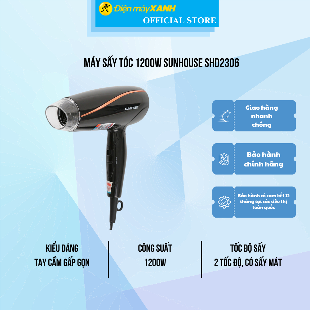 Máy sấy tóc Sunhouse SHD2306 Có thể gấp gọn du lịch - Công suất lớn 1200W - Tự động ngắt khi quá tải - Hàng chính hãng - Miễn phí vận chuyển