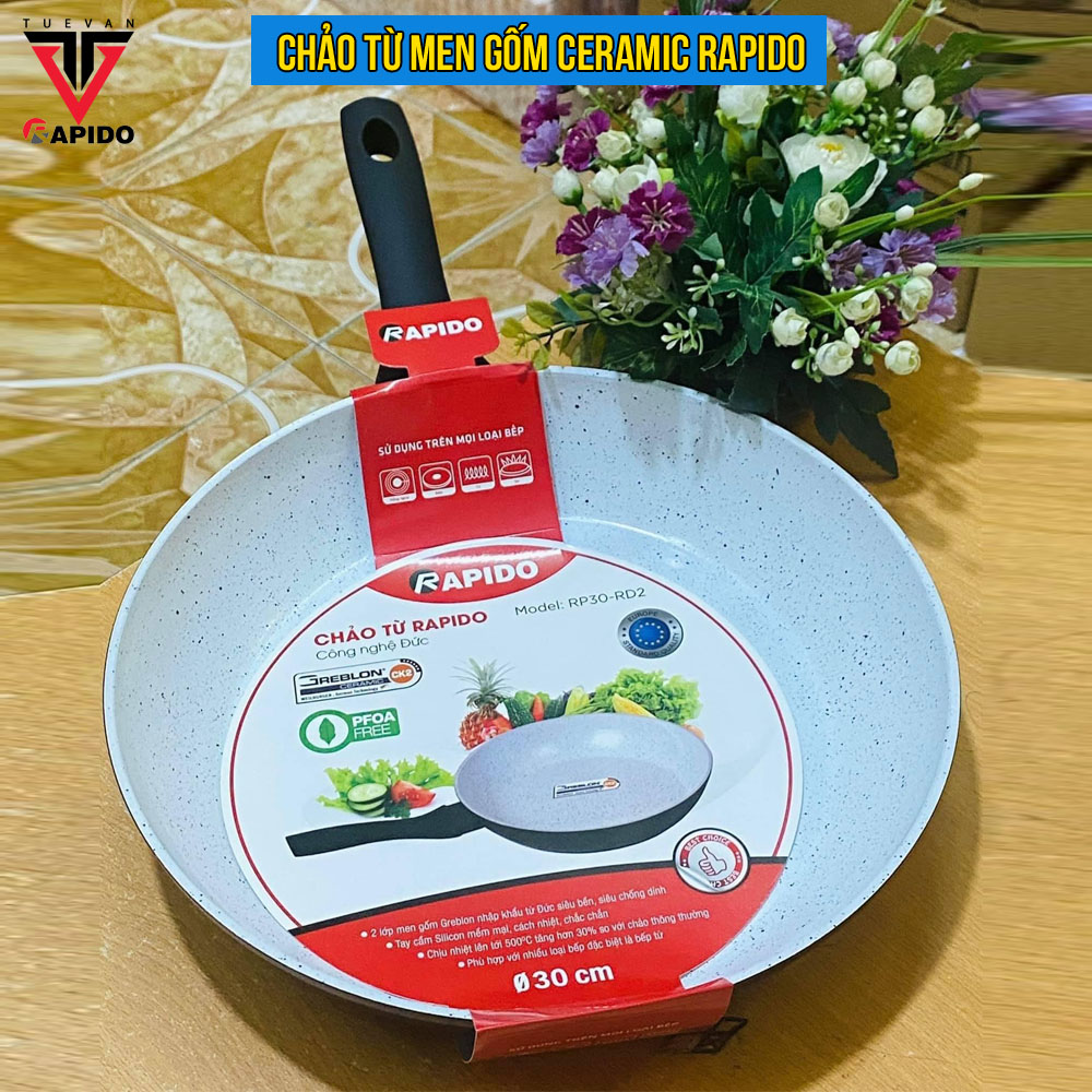 Chảo từ men gốm chống dính rapido 24cm, 26cm, 30cm đáy chấm rp24-rd2, rp26-rd2, rp30-rd2, nhập khẩu từ đức, chịu nhiệt tới 500 độ c, tay cầm silicone