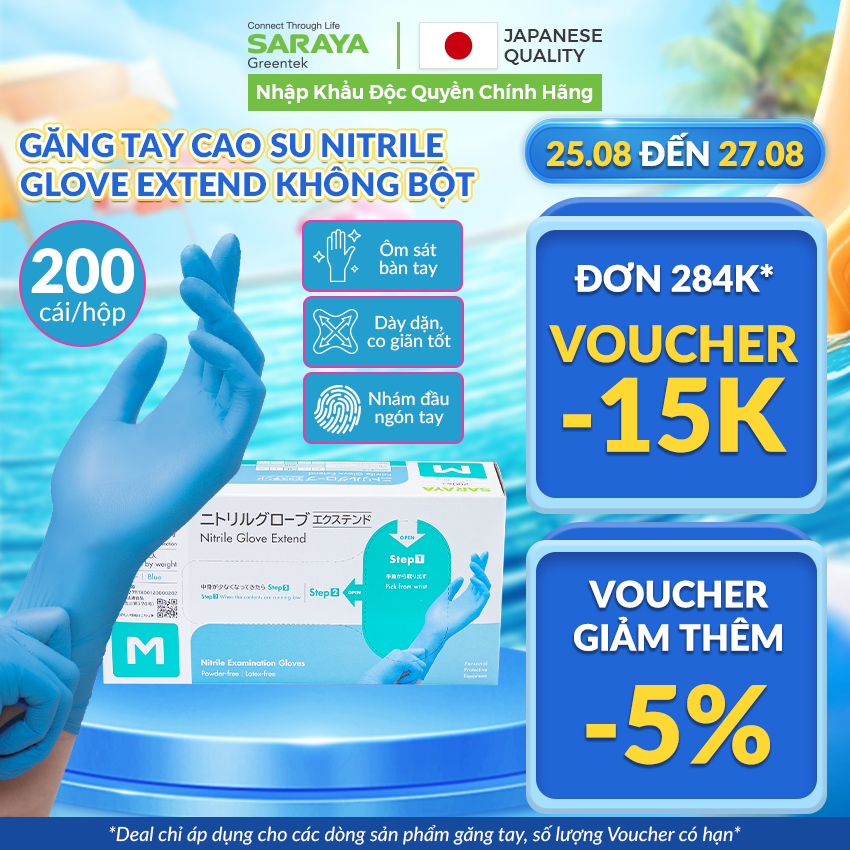 Găng tay cao su Saraya Nitrile Không Bột, dùng trong chế biến thực phẩm, làm đẹp, rửa chén, vệ sinh (Màu Trắng, Màu Xanh, Màu Hồng)