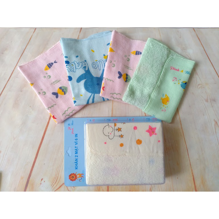 Vỉ 6 khăn sữa màu 2 mặt lông - Khăn xô P&B  100% Cotton