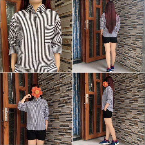 Áo sơ mi Oversize sọc dọc phối túi sọc ngang đen