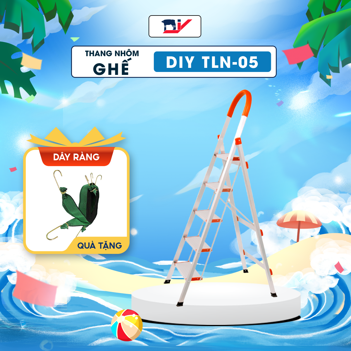 [THANG DIY] Thang Nhôm Ghế 5 Bậc Có Tay Vịn DIY TLN-05 chiều cao sử dụng tối đa 1.2m, tải trọng 150kg