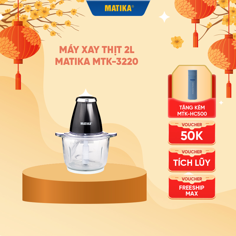 Máy xay thịt matika 2l mtk-3220 - công suất 300w - lưỡi dao 4 cánh inox 304 - cối thủy tinh 2l - bảo hành 12 tháng - hàng chính hãng