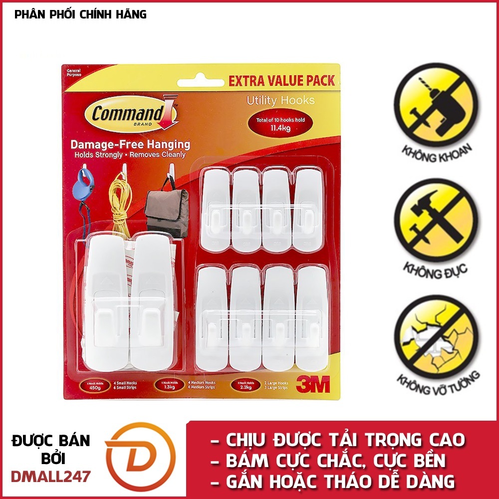 Bộ 10 móc treo tường cường lực siêu dính 11.4kg command 3m 17008exvp - dmall247, cường lực, siêu dính