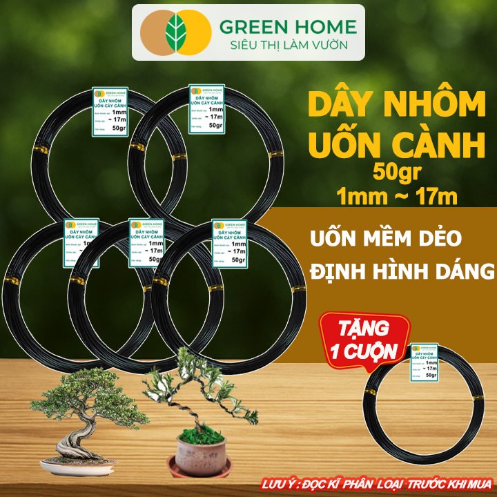 Mua 5 tặng 1 - Dây Nhôm Uốn Cây Cảnh Bonsai GreenHome Dày 1mm ~ 17m Cuộn 50gr Mềm Dẻo Dễ Uốn