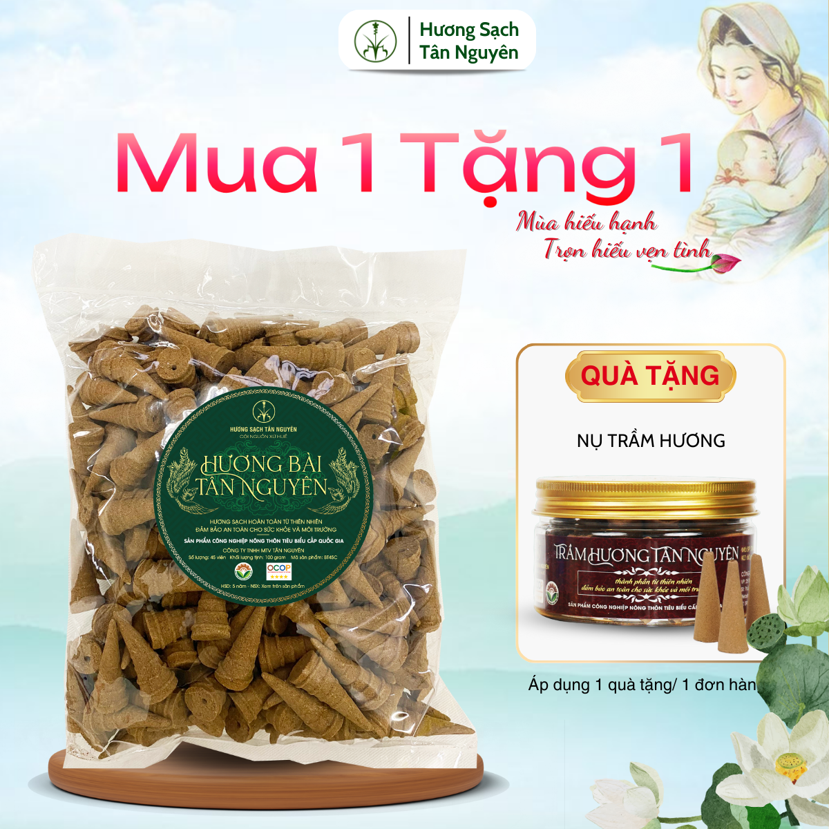 Nhang xông phong thủy Tân Nguyên, hương bài, nụ xông nhà, thờ cúng, thơm dịu nhẹ dễ chịu, túi 500gr