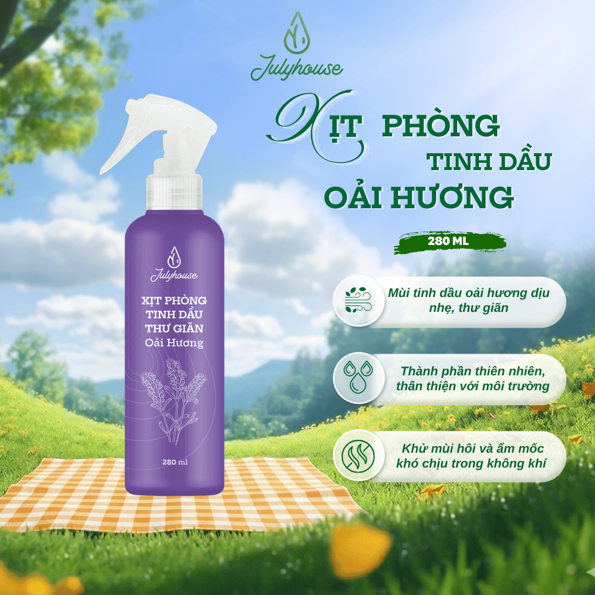 Xịt phòng ngủ tinh dầu Oải Hương Julyhouse 280ml làm thơm cấp tốc không gian, khử mùi ẩm mốc hiệu quả