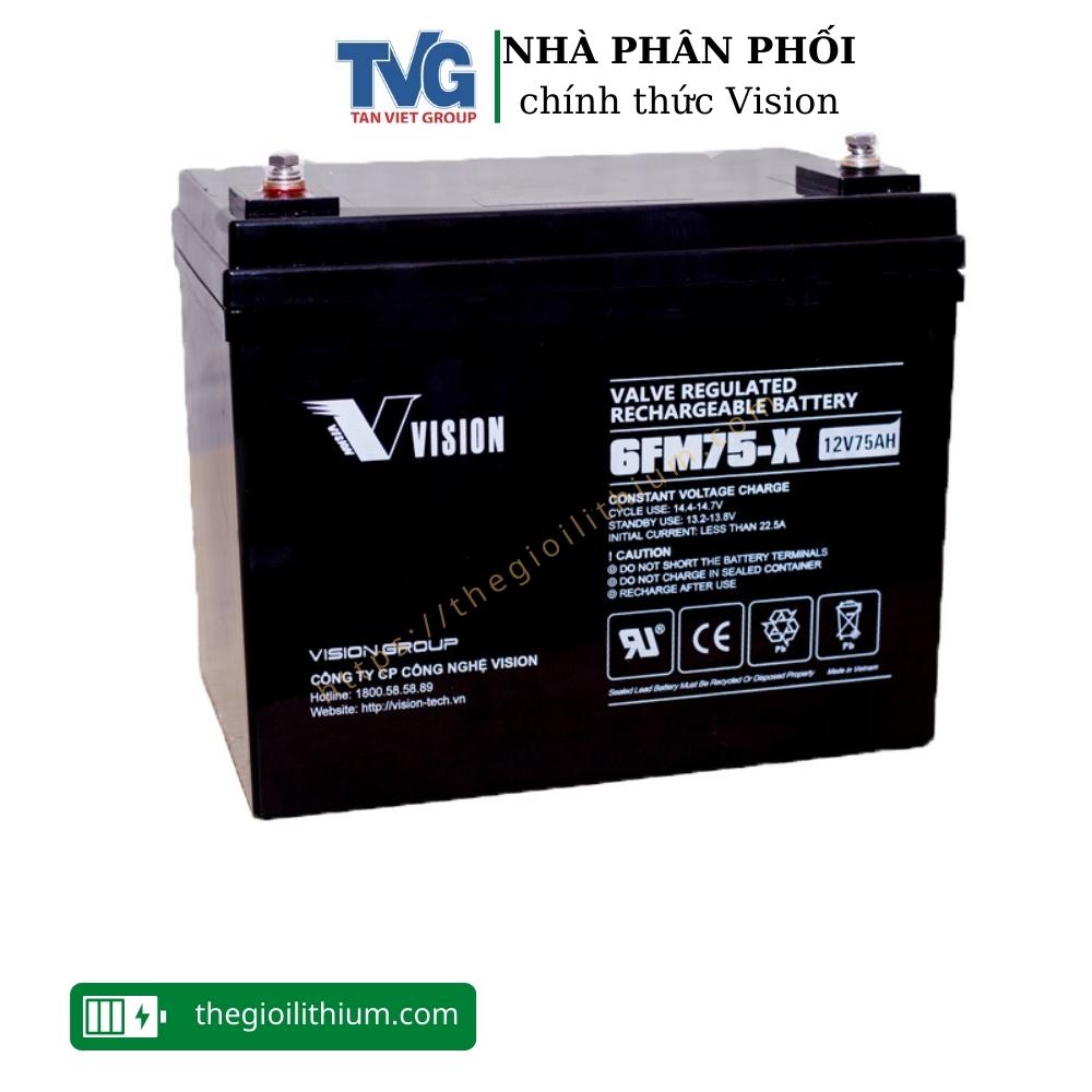 Ắc quy vision 6fm75-x 12v 75ah dùng lưu trữ ups, viễn thông, solar