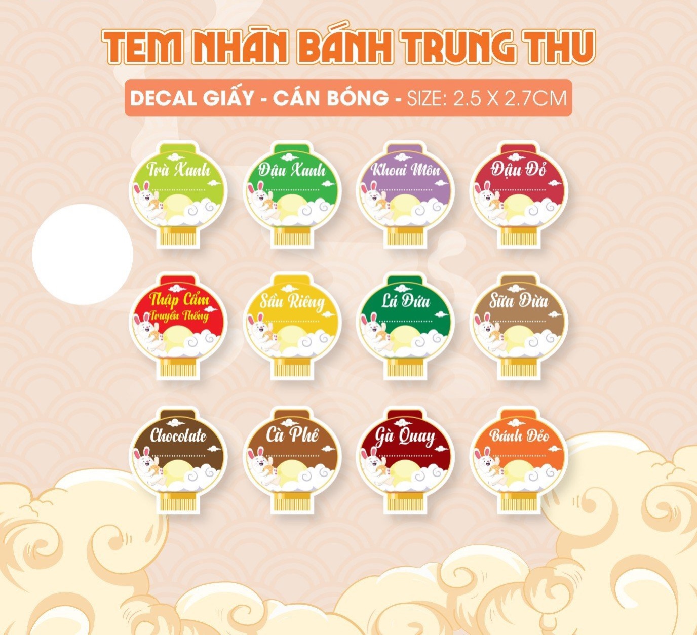 Tem dán, nhãn nhân bánh trung thu - mẫu lồng đèn, sáng đẹp
