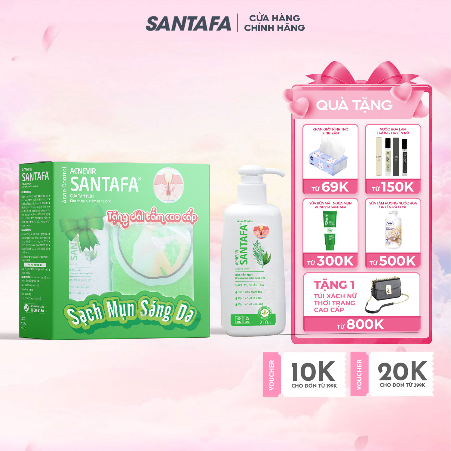 Sữa Tắm Mụn Lưng, Viêm Lỗ Chân Lông, Viêm Nang Lông, Kháng Khuẩn, Sạch Mụn Acnevir Santafa - Chai 210ml