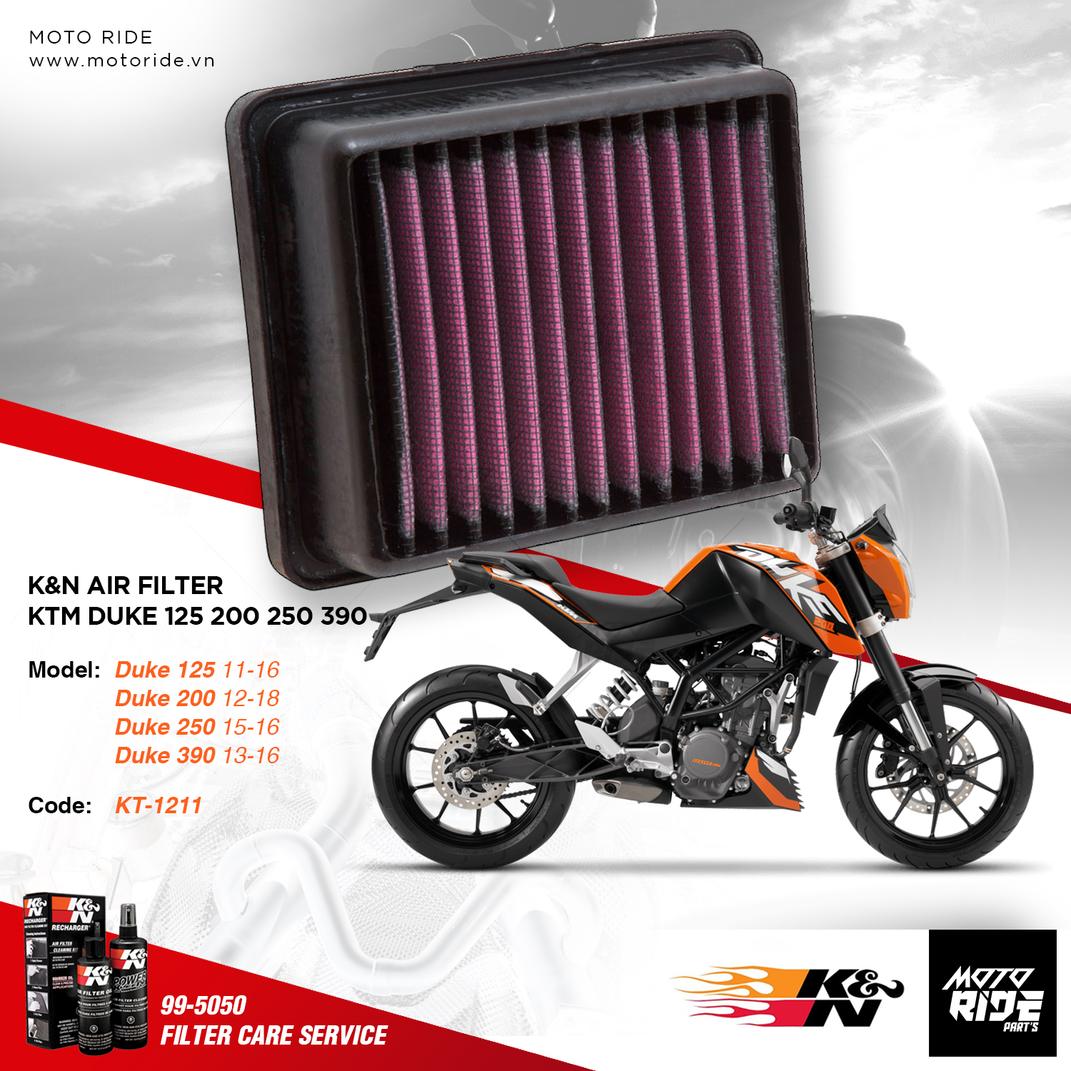 K&N KT-1211 LỌC GIÓ ĐỘ CHO KTM DUKE RC 125 / 200 / 250 / 390