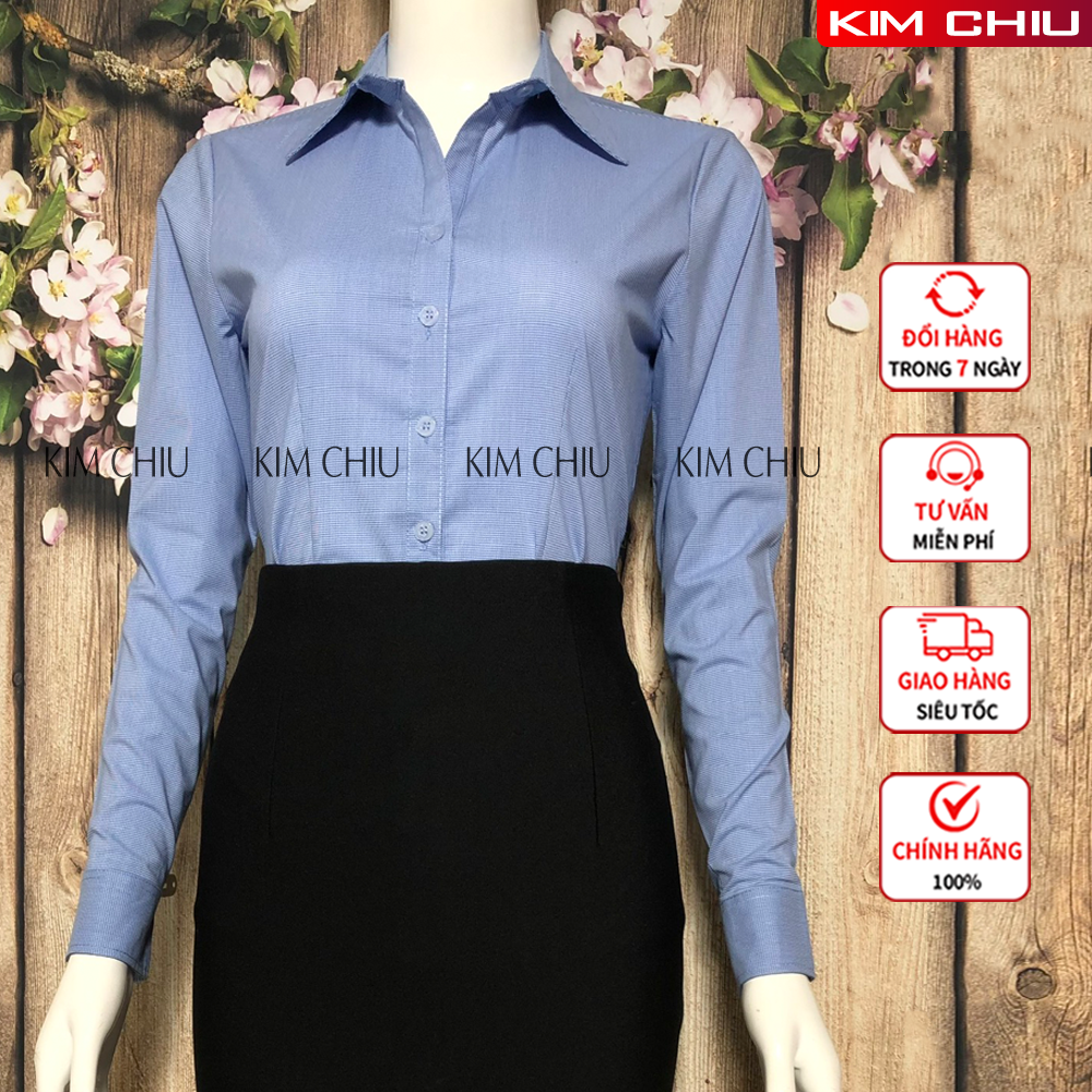 Áo sơ mi nữ công sở KIM CHIU kẻ Caro Nhí, màu Xanh tay dài vải kate mỹ đẹp, ít nhăn, giãn nhẹ. SMTD05